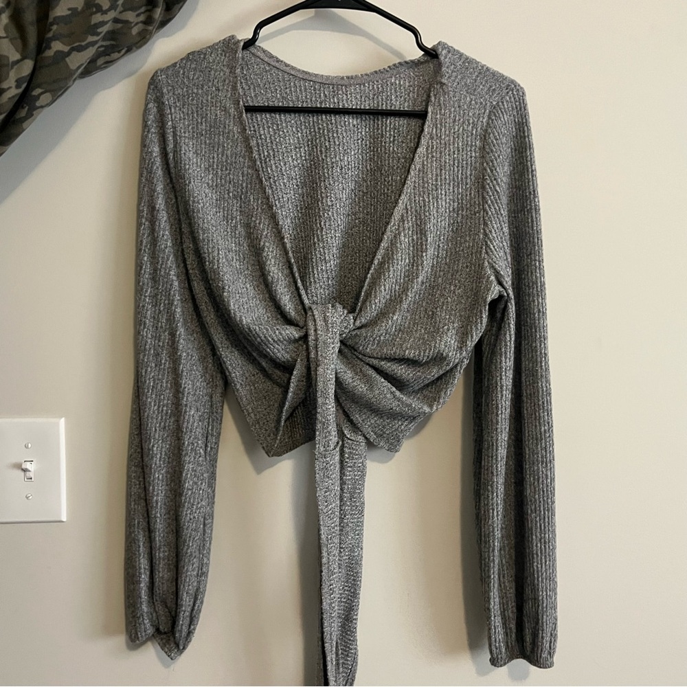Gray Ribbed Hollister Tie-Front Top